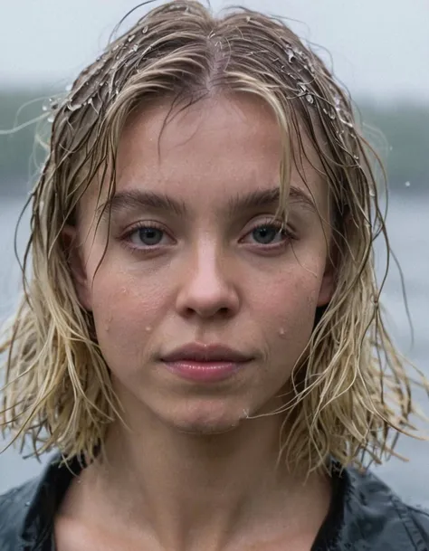 professional photo of sydsw woman,her hair is wet blonde and shoulder length,close-up,looking at camera,depth of field,bokeh,fog,dimly lit,gloomy