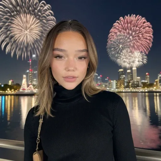 <lora:oliviaponton_sd15_512_128_64_v1:1>oliviaponton,1girl,looking at viewer, new years eve party fireworks in background, wearing a turtleneck sweater