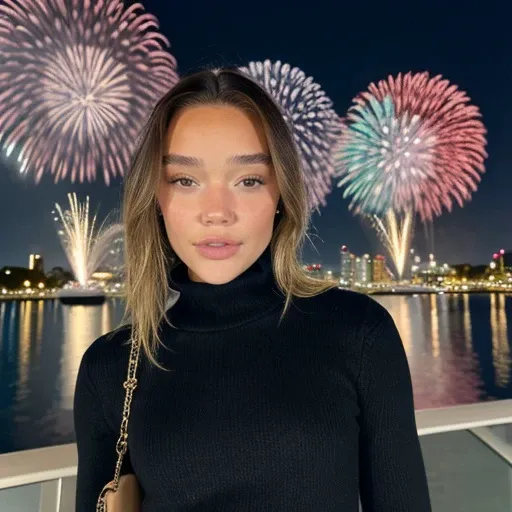 <lora:oliviaponton_sd15_512_128_64_v1:1>oliviaponton,1girl,looking at viewer, new years eve party fireworks in background, wearing a turtleneck sweater