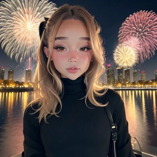 <lora:oliviaponton_sd15_512_128_64_v1:1>oliviaponton,1girl,looking at viewer, new years eve party fireworks in background, wearing a turtleneck sweater