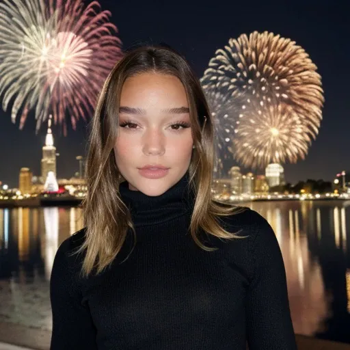 <lora:oliviaponton_sd15_512_128_64_v1:1>oliviaponton,1girl,looking at viewer, new years eve party fireworks in background, wearing a turtleneck sweater