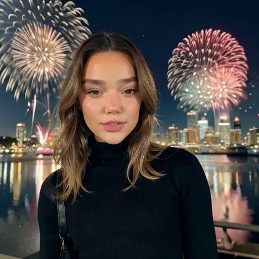 <lora:oliviaponton_sd15_512_128_64_v1:1>oliviaponton,1girl,looking at viewer, new years eve party fireworks in background, wearing a turtleneck sweater