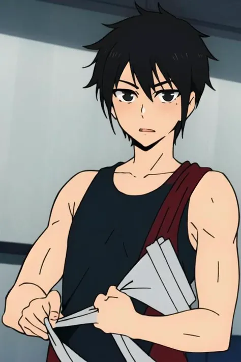 masterpiece, best quality, high quality, 1boy, solo, male focus, looking at viewer, upper body, <lora:hatz_kami_no_tou:0.72>, hatz_kami_no_tou, black hair, black eyes, , sportswear