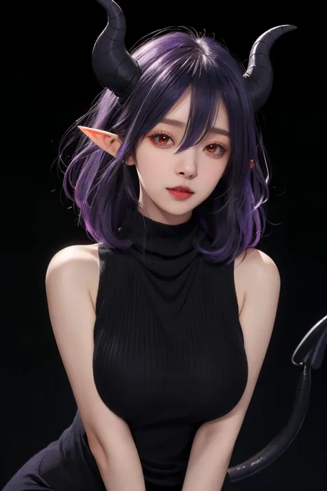 <lora:Vermeil-M1:0.8>,
vermeil,1girl,solo,tail,horns,pointy ears,breasts,demon tail,purple hair,demon girl,(virgin killer sweater:1.4),sweater,large breasts,looking at viewer,bare shoulders,meme attire,parted lips,hair between eyes,red eyes,turtleneck,realistic,demon horns,upper body,multicolored hair,gradient hair,(sleeveless dress:1.3),(simple background:1.4),(black background:1.3),