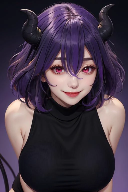 Vermilion,1 girl,Alone,old,dress,Red eyes,large old,demon girl,looking at the viewer,short dress,turtleneck,sleeveless,bare shoulders,black dress,hair between the eyes,virgin killer sweater,multicolor fur,faded hair,evil smile,(purple hair:1.2),simple background,