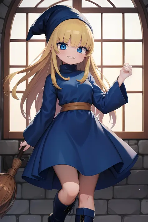 <lora:witchP123_nc:0.9>, masterpiece, higher,highly detailed, absurdres, witchP123,1girl,  solo, blonde hair, long hair,  blue eyes, blue boots, blue dress, long sleeves,hat,in forest,  window,evil grin,