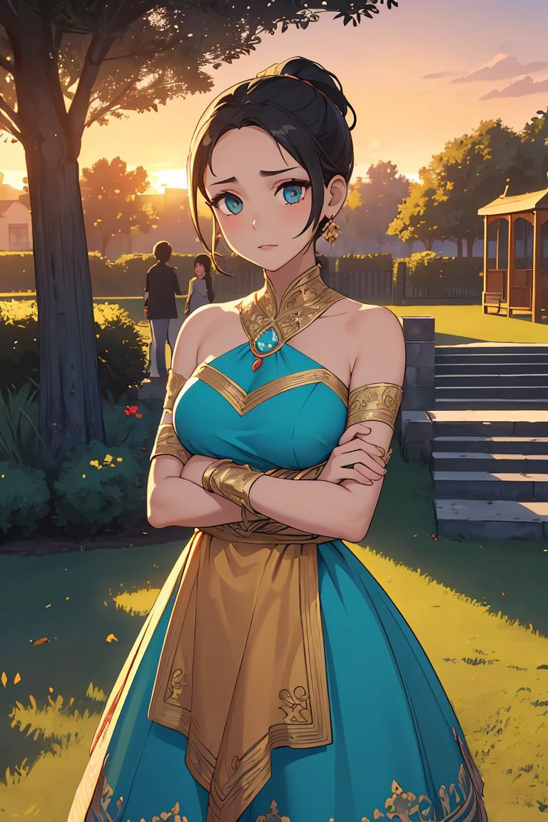 (masterpiece, best quality), female hundred years old, shapely, south asian, turquoise eyes, pointed chin with cleft, unique cheeks, square face shape with round forehead, sculpted shoulders, sophisticated and polished makeup , jet black low ponytail hair, surprise wearing asymmetrical dress, garter slip, , crossed arms, crossing arms over the chest, hinting at hidden desires, sunset lighting, the warm, golden glow of a sunset, adding a romantic and enchanting feel to the scene, a sunlit park, filled with children playing and families having picnics