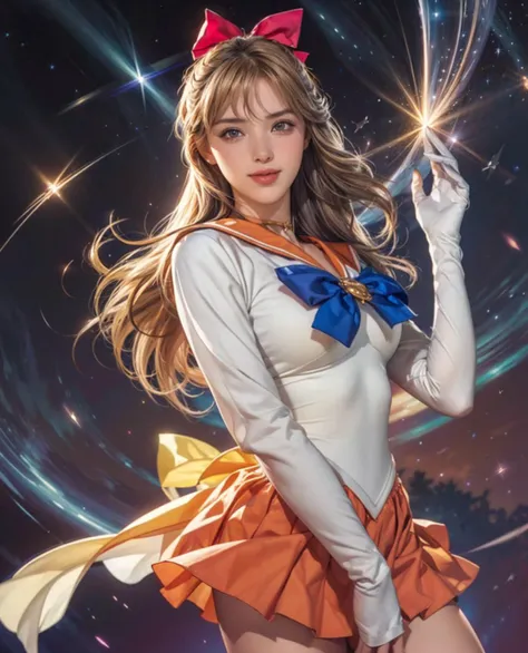 ((sv1 | sailor senshi uniform | orange skirt | elbow gloves | tiara | orange sailor collar | red bow | orange choker | white gloves | jewelry | long hair | yellow hair)), (white silky skin | oily skin | large breasts | perfect hand | perfect arm), (smile | happy512 | good vibes), (cosmic background, shooting star, strong light beam, venus, venus \(planet\), stars, cloud), ((feh | light magic spell | spelling magic on hand | style-swirlmagic)), looking at viewer, cowboy shot, dynamic background and angle, ray tracing, exposure blend, cinematic bloom, deep contrast, sharp focus, detailed landscape, vivid colours, photorealistic, extremely detailed CG unity 8k wallpaper, high-res, beautiful and aesthetic, masterpiece, best quality, fantasy art, <lora:detailtweaker:0.5> <lora:Sweety_Mix_Girl:0.5> <lora:GoodHands-vanilla:1> <lora:Sailor_Venus:0.7> <lora:FEH_Concept_v2:1>