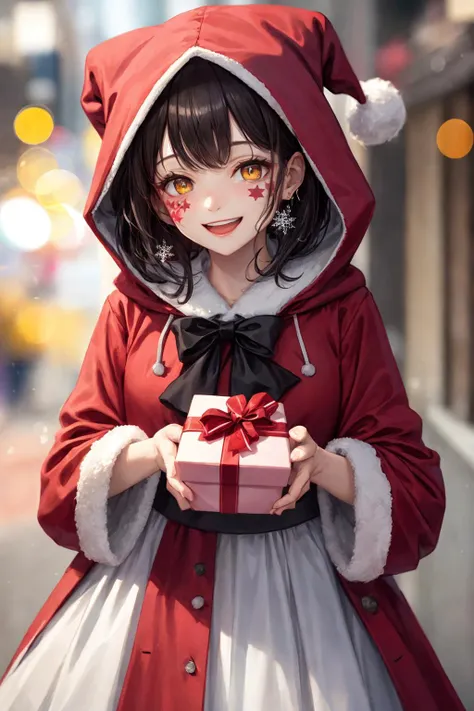 (red-long-santa-coat, white-silk-long-skirt-dress hooded-black-hair amber-yellow-eyes happy jester laugh-face painted girl is throwing a giftbox), giftshop outdoors BREAK (bokeh, beautiful diamond dust), snowflake, north star