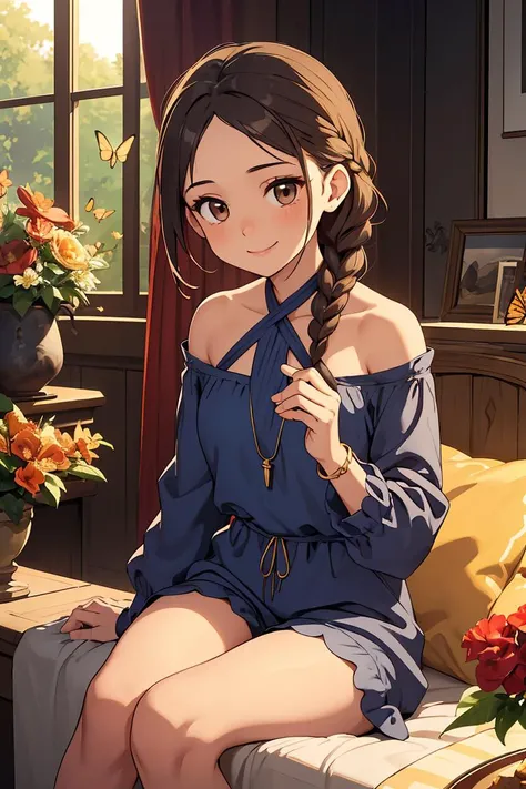 (masterpiece, best quality), female geriatric, balanced, native american, dark brown eyes, low jawline, , indigo french braid hair, gratitude wearing halterneck playsuit, velvet bralette, , playing with jewelry, playing with jewelry with a flirtatious smile, adding a touch of glamour and allure, warm lighting, soft golden or amber hues creating a cozy and inviting atmosphere, a peaceful garden, with blooming flowers and butterflies fluttering around