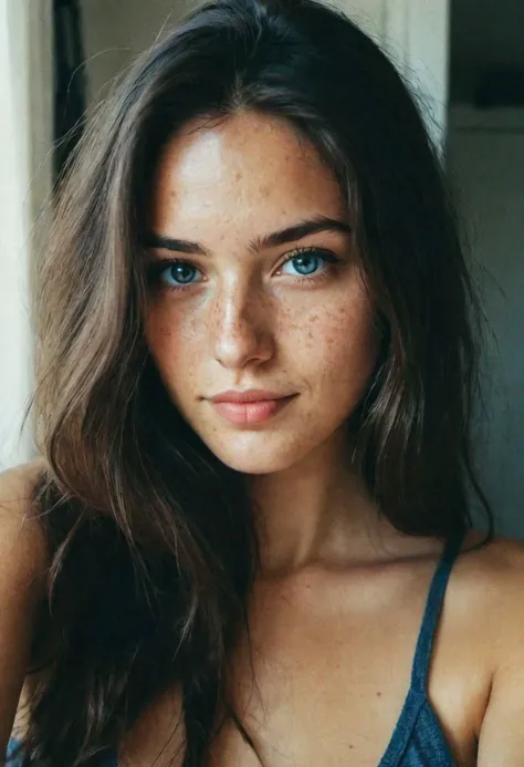 instagram selfie , a 23 year old gorgeous woman , slight smile , detailed skin face and eyes , natural lighting , at home , long hair, topless , film grain, low contrast, natural face , freckles , black hair , blue eyes, dark circles under eyes