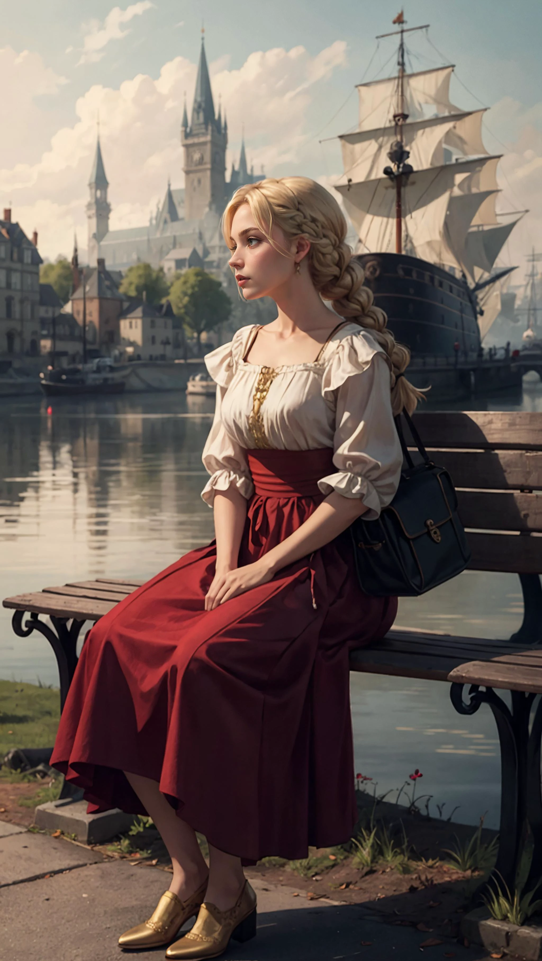 fantasy world, fantasy castle in background, large pirate ship, (masterpiece, high quality, best quality:1.3), full body shot, looking off in the distance, sitting on stone bench, bench made of stone, fantasy medieval docks background, thoughtful, elegant, surreal, blonde woman, Anita Briem, blonde hair, thick braid, bangs, (red dream frock:1.1), gold embroidery, long skirt, neat shoes, worn leather duffel sack on bench, realistic lighting, bloom, longing atmosphere,