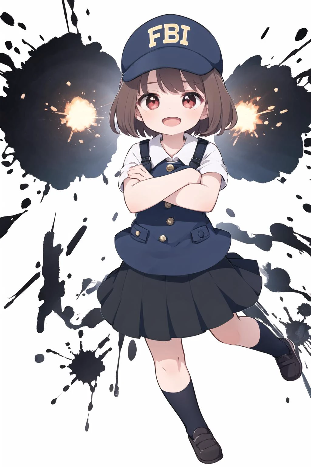 1girl, solo, brown hair, open mouth, skirt, smile, white background, red eyes with exploding effects, short hair, full body, looking at viewer, black skirt, white socks, eyebrows visible through hair, , <lora:LoRA:0.8>, skistyle, ((blue fbi cap)), fbi, crossed arms