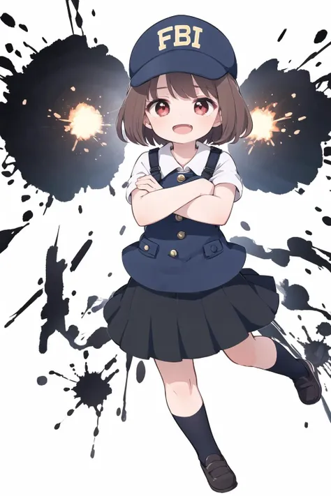 1girl, solo, brown hair, open mouth, skirt, smile, white background, red eyes with exploding effects, short hair, full body, looking at viewer, black skirt, white socks,  eyebrows visible through hair, ,  <lora:LoRA:0.8>, skistyle, ((blue fbi cap)), fbi, crossed arms