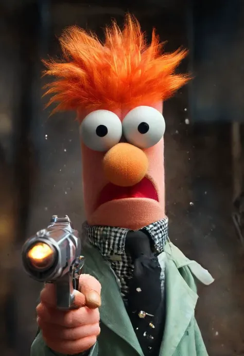 Super Closeup Portrait, sad Beaker from the Muppets Show, pointing pistol, Arms up, Grit, Rust, Stains, futuristic space grunge style, blessing attitude, Arms Up, Fighting stance, dynamic scene, translucent Power aura, summoning bright holy light Vortex, awesome action shot, textured, excited, neon vintage, edgy, Sci-fi punk rock vibe, dirty, noisy, in iconic Napoleon Bonaparte Pose, Vintage space Uniform, very detailed, hd