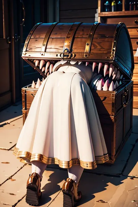 (masterpiece, best quality, ultra-detailed), (volumetric lighting),
mimicmeme, from from behind,
frieren, 1girl, solo, white skirt, (thighhighs:0.8), brown footwear, mimic, mimic chest, treasure chest, Teeth,