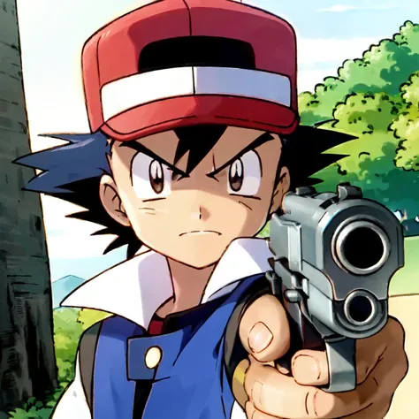 ash ketchum, angry, 1boy, pokemon, anime screencap, baseball cap, spiked hair,
<lora:gunAimingAtYouV1:0.8> gunatyou, gun, aiming at viewer, holding gun
<lora:pokemon_v3_offset:0.8>
<lora:OGAshK:0.8> OGAshK