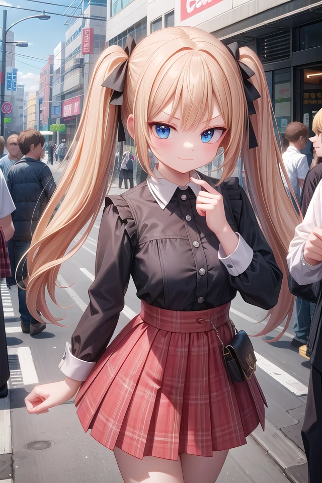 insanely detailed, absurdres, ultra-highres, ultra-detailed, best quality,
1girl, solo, nice hands, perfect hands,
BREAK
lanky,gothic dress,nylon clothes,denim dress,saddle jacket,red tartan-check pleated skirt
BREAK
(smirking, evil smile:1.2), closed mouth, (:3:1.3), v-shaped eyebrows, standing
BREAK
slender, kawaii, perfect symmetrical face, ultra cute girl, ultra cute face, ultra detailed eyes, ultra detailed hair, ultra cute, ultra beautiful,
BREAK
in harajuku, shibuya, tokyo, street, crowd, cityscape,
BREAK
medium large breasts,
blonde hair, blue eyes, twintails