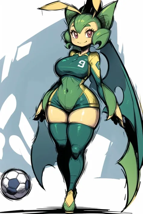 1girl, leavanny, pokemon \(creature\), <lora:Leavanny:0.9>, full body, thick thighs, green soccer uniform, smile, closed mouth, walking, white background, <lora:MarioStrikerStyle:0.7>