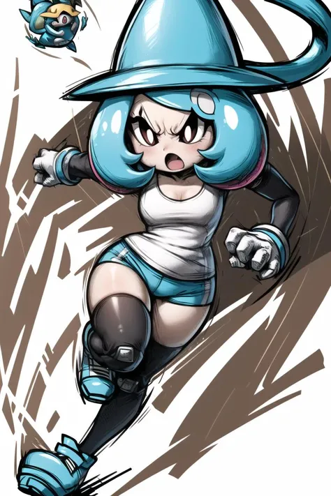1girl, hatterene, pokemon \(creature\), (black sclera, white pupils), <lora:Hatterene:0.9>, full body, flat chest, thick thighs, thigh gap, cyan tank top, white bike shorts, black thighhighs, sneakers, elbow pads, knee pads, :o, angry, running, white background, <lora:MarioStrikerStyle:0.8>