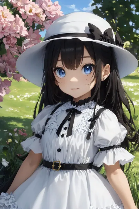 best quality,extremely detailed, (cute little girl, solo, 1girl, symmetrical eyes, drooping eyes, dark blue eyes , black hair, long hair:1.2), white skin, align bangs, white hat, white dress with frill, chuckle, full body, flower garden, ultra detailed, bloom lighting, amazing details,