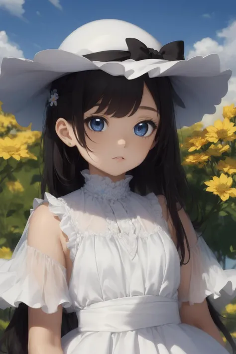 (((masterpiece))),(((best quality))),(((extremely detailed))),illustration, (cute little girl, solo, 1girl, symmetrical eyes, drooping eyes, dark blue eyes , black hair, long hair:1.2), white skin, align bangs, white hat, white dress with frill, chuckle, full body, flower garden, ultra detailed, bloom lighting,