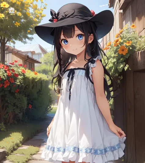 high res, best quality, extremely detailed, (cute little girl, solo, 1girl, symmetrical eyes, drooping eyes, dark blue eyes , black hair, long hair:1.2), white skin, align bangs, white hat, white dress with frill, spot light, chuckle, fantasy, flower garden, ultra detailed,