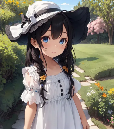high res, best quality, extremely detailed, (cute little girl, solo, 1girl, symmetrical eyes, drooping eyes, dark blue eyes , black hair, long hair:1.2), white skin, align bangs, white hat, white dress with frill, spot light, chuckle, fantasy, flower garden, ultra detailed,