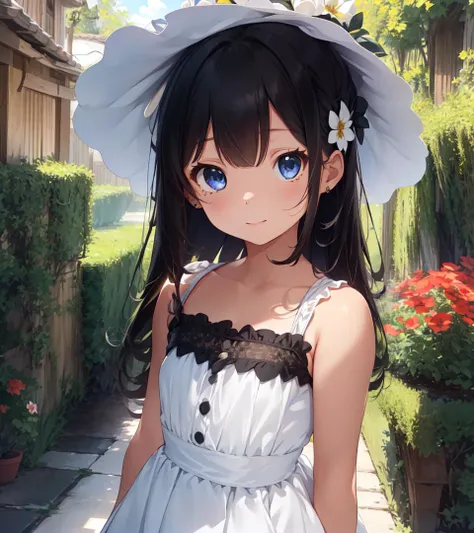 high res, best quality, extremely detailed, (cute little girl, solo, 1girl, symmetrical eyes, drooping eyes, dark blue eyes , black hair, long hair:1.2), white skin, align bangs, white hat, white dress with frill, spot light, chuckle, fantasy, flower garden, ultra detailed,