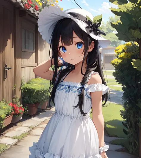 high res, best quality, extremely detailed, (cute little girl, solo, 1girl, symmetrical eyes, drooping eyes, dark blue eyes , black hair, long hair:1.2), white skin, align bangs, white hat, white dress with frill, spot light, chuckle, fantasy, flower garden, ultra detailed,
