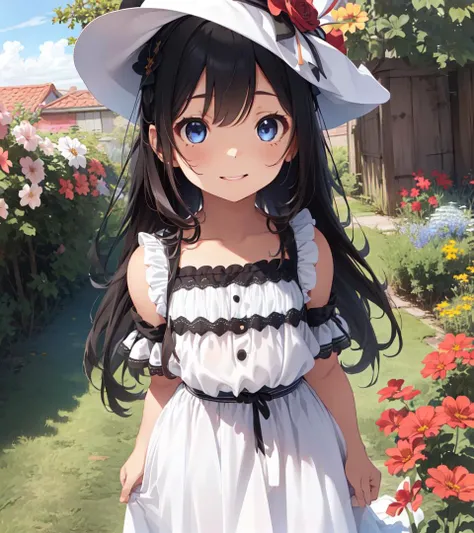 high res, best quality, extremely detailed, (cute little girl, solo, 1girl, symmetrical eyes, drooping eyes, dark blue eyes , black hair, long hair:1.2), white skin, align bangs, white hat, white dress with frill, spot light, chuckle, fantasy, flower garden, ultra detailed,