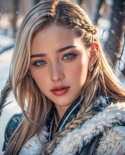 ((Viking girl walking in winter forest snow fall)), ((typical viking facial tattoo)), (grey eyes, bold eyeliner, white bright skin, natural lips color, ornaments, viking braid, strong jaws, white blonde hair, gloves, medieval viking leather fur battle suite), viking battle axe, morning day, soft lighting, sun glare, (cinematic bloom), (closed up), high contrast, HDR, photorealistic, detailed landscape, sharp focus, high-res, beautiful and aesthetic, masterpiece, best quality, official art, realism, looking at viewer, soothing tones, muted colors, <lora:Detail_Tweaker:0.7>  <lora:warrior_13AL:1>