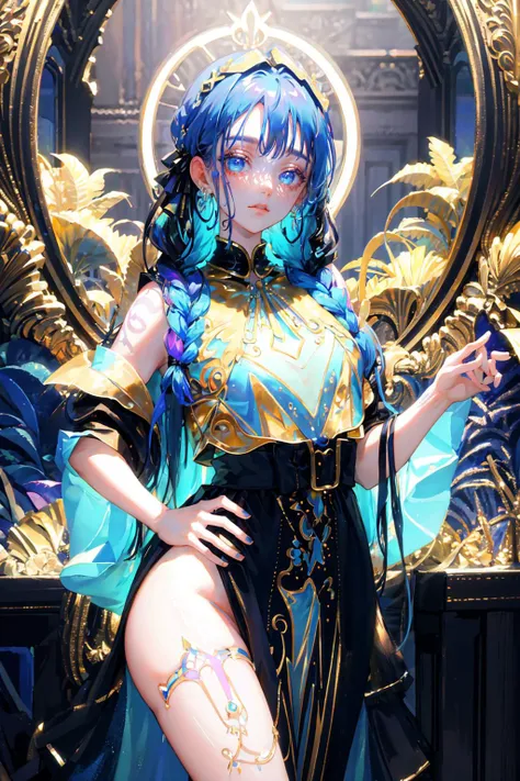 (best quality, masterpiece),portrait, girl, 1girl,solo, looking at viewer, (wide hips:1.4), reflections (transparent), long hair, blue hair, shiny hair, freckles, braid, (twin braids:1.3), tattoo, asymmetrical bangs, arm tattoo, shoulder tattoo, lipstick, mascara, pale skin, (looking at viewer:1.2),holographic clothing ,<lora:holov7:1>, transparent clothes, white clothes, moody lighting, glow, glowing, mysterious, mystical, magical, rim lighting, gorgeous, vibrant, psychedelic, colorful, intricate, elegant, sharp focus, highly detailed,