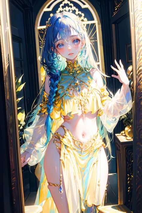 (best quality, masterpiece),portrait, girl, 1girl,solo, looking at viewer, (wide hips:1.4), reflections (transparent), long hair, blue hair, shiny hair, freckles, braid, twin braids, tattoo, asymmetrical bangs, arm tattoo, shoulder tattoo, lipstick, mascara, pale skin, (looking at viewer:1.2),holographic clothing ,<lora:holov7:1>, transparent clothes, white clothes, moody lighting, glow, glowing, mysterious, mystical, magical, rim lighting, gorgeous, vibrant, psychedelic, colorful, intricate, elegant, sharp focus, highly detailed,