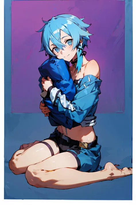 (masterpiece, best_qualiity, highres, absurdres), illustration, official art, <lora:bunbun:1>,<lora:sinon:1>,
sinon, 1girl, bare legs, barefoot, blue eyes, blue hair, blue shirt, border, closed mouth, daichi777zz, full body, grey shorts, hair between eyes, hair ribbon, long sleeves, object hug, off-shoulder shirt, off shoulder, pillow, pillow hug, purple background, ribbon, shirt, short hair with long locks, shorts, sidelocks, sitting, smile, solo, wariza, white border, yellow ribbon