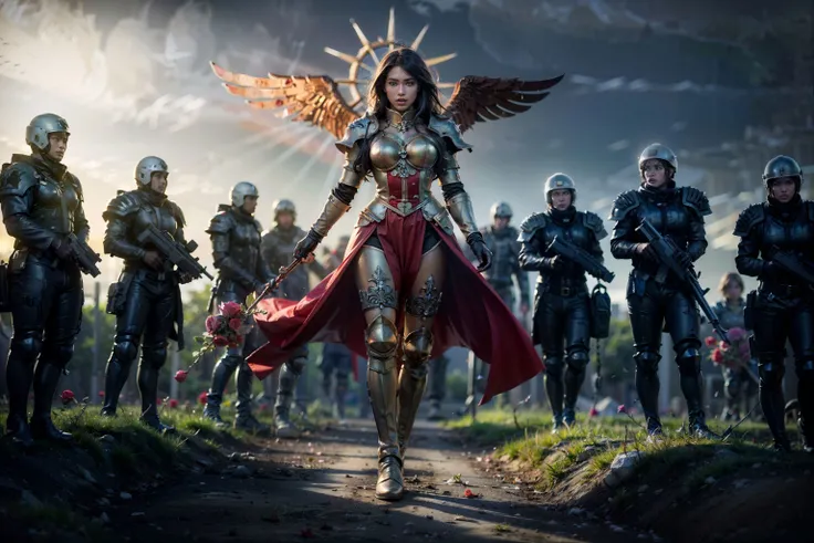 ((best quality, masterpiece)), dramatic camera shot,RAW footage, 8K , difuse lighting, raytrace light, speckle highlights,ambient light, absurdres,(extremely detailed:1.3),highestres,colour grading, focused,colour correction, masterpiece,best quality, 8k, ((wide angle)),HDR, bloom,Chromatic aberration, Photorealistic,dramatic,(Insane skin detail), (photorealistic skin:1.2),(high skin detail:1.2), extreamly detailed, Intricate,High Detail,
((full body,head to boots)), (smile:0.3),athletic body, slim body, ((celestine flying))<lora:Saint Celestine MK1 by CARAXES:0.69> wings,armor,chain,halo,angel,iron halo,full armor,((holding a red rose in her hands)), vines wrapped arounf her wrist and arm,
sunlight on her face, a look of joy,bright light open space, green fields, peacfull landscape, beautiful flowers, looking up to the sky,
