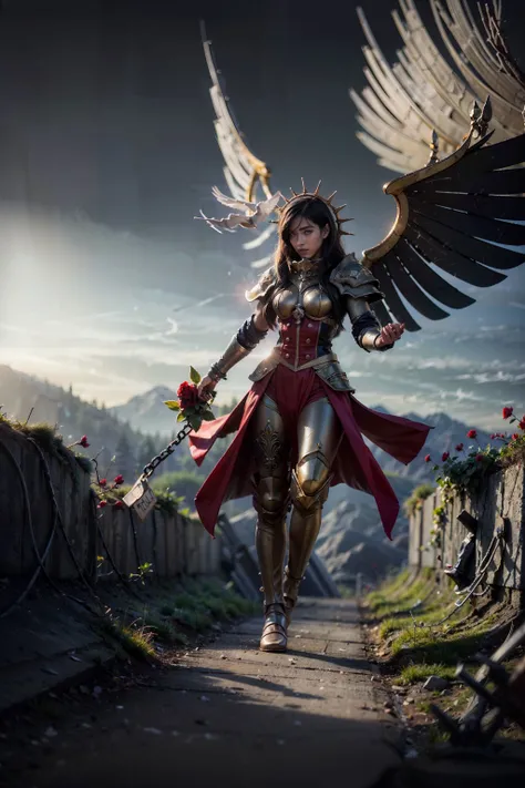 ((best quality, masterpiece)), dramatic camera shot,RAW footage, 8K , difuse lighting, raytrace light, speckle highlights,ambient light, absurdres,(extremely detailed:1.3),highestres,colour grading, focused,colour correction, masterpiece,best quality, 8k, ((wide angle)),HDR, bloom,Chromatic aberration, Photorealistic,dramatic,(Insane skin detail), (photorealistic skin:1.2),(high skin detail:1.2), extreamly detailed, Intricate,High Detail,
((full body,head to boots)),(smile:0.3),athletic body, slim body, ((celestine flying)) <lora:Saint Celestine MK1 by CARAXES:0.69> wings,armor,chain,halo,angel,iron halo,full armor, holding a red rose in her hands, vines wrapped arounf her wrist and arm,
sunlight on her face, a look of joy,bright light open space, green fields, peacfull landscape, beautiful flowers, looking up to the sky,