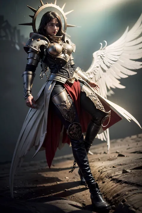 ((best quality, masterpiece)), dramatic camera shot,RAW footage, 8K , difuse lighting, raytrace light, speckle highlights,ambient light, absurdres,(extremely detailed:1.3),highestres,colour grading, focused,colour correction, masterpiece,best quality, 8k, ((wide angle)),HDR, bloom,Chromatic aberration, Photorealistic,dramatic,(Insane skin detail), (photorealistic skin:1.2),(high skin detail:1.2), extreamly detailed, Intricate,High Detail,
((full body,head to boots)),(smile:0.3),athletic body, slim body, ((celestine flying)) <lora:Saint Celestine MK1 by CARAXES:0.69> wings,armor,chain,halo,angel,iron halo,full armor, holding a red rose in her hands, vines wrapped arounf her wrist and arm,
sunlight on her face, a look of joy,bright light open space, green fields, peacfull landscape, beautiful flowers, looking up to the sky,