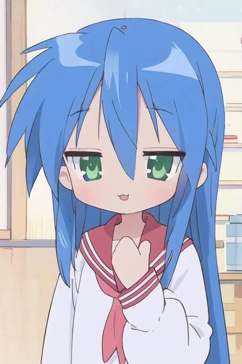 1girl,(<lora:lucky_star_offset:1.3> lucky star),(izumi konata:1.7),<lora:Smug:0.5> (smug:0.7),sailor suit,blue hair,, ((ultra-detailed)), ((illustration)), ((masterpiece,best quality,cute,kawaii)),<lyco:GoodHands-beta2:1.0>,nice hands,