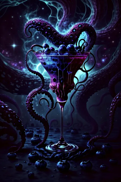 (cosmic:1.2) (blue eldritchtech:1.2) (cocktail:1.8), decorated with a (beautiful kraken tentacle:1.3) and a handful of (perfect blueberries:1.3), (azure and purple crystal flakes:1.2), (eldritchtech fog:1.2), depth of field 100mm, (extremely beautiful:1.2), ornate decoration, accurate, sharp focus, (product image:1.5), (photorealistic:1.5), (masterpiece, best quality, 16k, 8k, ultra highres, absurdres, highres:1.2)
ADDCOMM
<lora:style-cosmiceldritchtech:1.0> <lora:epi_noiseoffset-v2:0.25> <lora:add_detail:1.0>
ADDBASE
cosmic background, dark energy, eyeball, cocktail umbrella
ADDROW
(a handful of perfect blueberries:1.8), tentacles, wet black marble surface
ADDROW
should you hear the whisperer's howl
for sure your end is near most foul
made in part of rampant madness
this rotgut will cause you only sadness
and if you desire to prevent your demise
it might be needed to cover your eyes
but if all you want is to forget your sorrow
then drink this liquor but don't count on a 'morrow