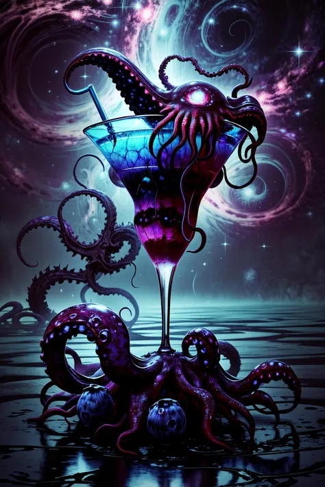 (cosmic:1.2) (blue eldritchtech:1.2) (cocktail:1.8), decorated with a (beautiful kraken tentacle:1.3) and a handful of (perfect blueberries:1.3), (azure and purple crystal flakes:1.2), (eldritchtech fog:1.2), depth of field 100mm, (extremely beautiful:1.2), ornate decoration, accurate, sharp focus, (product image:1.5), (photorealistic:1.5), (masterpiece, best quality, 16k, 8k, ultra highres, absurdres, highres:1.2)
ADDCOMM
<lora:style-cosmiceldritchtech:1.0> <lora:epi_noiseoffset-v2:0.25> <lora:add_detail:1.0>
ADDBASE
cosmic background, dark energy, eyeball, cocktail umbrella
ADDROW
(a handful of perfect blueberries:1.8), tentacles, wet black marble surface
ADDROW
should you hear the whisperer's howl
for sure your end is near most foul
made in part of rampant madness
this rotgut will cause you only sadness
and if you desire to prevent your demise
it might be needed to cover your eyes
but if all you want is to forget your sorrow
then drink this liquor but don't count on a 'morrow