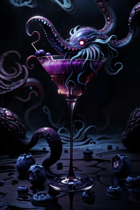 (cosmic:1.2) (blue eldritchtech:1.2) (cocktail:1.8), decorated with a (beautiful kraken tentacle:1.3) and a handful of (perfect blueberries:1.3), (azure and purple crystal flakes:1.2), (eldritchtech fog:1.2), depth of field 100mm, (extremely beautiful:1.2), ornate decoration, accurate, sharp focus, (product image:1.5), (photorealistic:1.5), (masterpiece, best quality, 16k, 8k, ultra highres, absurdres, highres:1.2)
ADDCOMM
<lora:style-cosmiceldritchtech:1.0> <lora:epi_noiseoffset-v2:0.25> <lora:add_detail:1.0>
ADDBASE
cosmic background, dark energy, eyeball, cocktail umbrella
ADDROW
(a handful of perfect blueberries:1.8), tentacles, wet black marble surface
ADDROW
should you hear the whisperer's howl
for sure your end is near most foul
made in part of rampant madness
this rotgut will cause you only sadness
and if you desire to prevent your demise
it might be needed to cover your eyes
but if all you want is to forget your sorrow
then drink this liquor but don't count on a 'morrow