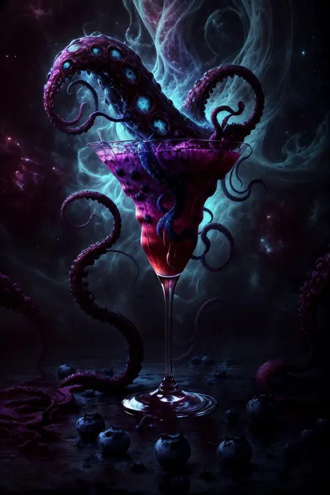 (cosmic:1.2) (blue eldritchtech:1.2) (cocktail:1.8), decorated with a (beautiful kraken tentacle:1.3) and a handful of (perfect blueberries:1.3), (azure and deep purple crystal flakes:1.2), (eldritchtech fog:1.2), depth of field 100mm, (extremely beautiful:1.2), ornate decoration, accurate, sharp focus, (product image:1.5), (photorealistic:1.5), (masterpiece, best quality, 16k, 8k, ultra highres, absurdres, highres:1.2)
ADDCOMM
<lora:style-cosmiceldritchtech:1.0> <lora:epi_noiseoffset-v2:0.5> <lora:add_detail:1.2>
ADDBASE
cosmic background, dark energy, eyeball, cocktail umbrella
ADDROW
(a handful of perfect blueberries:1.8), tentacles, wet black marble surface
ADDROW
should you hear the whisperer's howl
for sure your end is near most foul
made in part of rampant madness
this rotgut will cause you only sadness
and if you desire to prevent your demise
it might be needed to cover your eyes
but if all you want is to forget your sorrow
then drink this liquor but don't count on a 'morrow