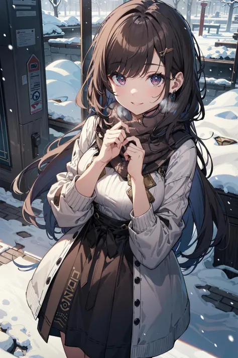 (masterpiece, best quality:1.3),beautiful detailed glow,best illuminate,(((best quality,textile shading,ultra detailed))),extremely detailed CG unity 8k wallpaper,Highly Detailed beautiful and aesthetic,best light,high resolution,detailed,dynamic lighting,
1girl, solo,medium breasts,
a girl with long hair and a scarf around her neck in the snow, official art, standing, smile, winter, snow, snowing, looking at viewer,(cold breath:1.4),
brown hair,
from above,
(wearing jumper_dress:1.5),