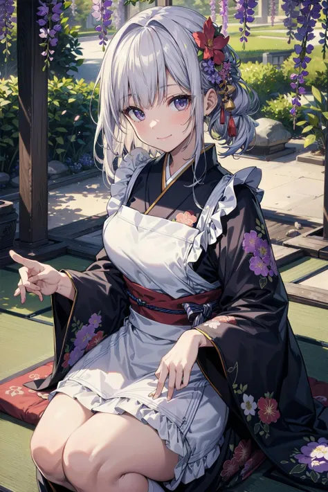 (masterpiece, best quality:1.3),beautiful detailed glow,best illuminate,(((best quality,textile shading,ultra detailed))),extremely detailed CG unity 8k wallpaper,Highly Detailed beautiful and aesthetic,best light,high resolution,detailed,dynamic lighting,
 1girl, solo, japanese clothes, flower, long hair, hair ornament, kimono, wisteria, mole, apron, floral print, looking at viewer, hair flower, bangs, upper body, blurry, long sleeves, wide sleeves, closed mouth, white apron, Wisteria Background,Japanese Garden,
<lora:add_detail:0.3>,seductive smile,
one knee,
overhead shot,