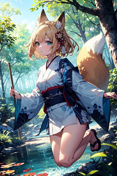 (masterpiece, best quality:1.3),beautiful detailed glow,best illuminate,(((best quality,textile shading,ultra detailed))),extremely detailed CG unity 8k wallpaper,Highly Detailed beautiful and aesthetic,best light,high resolution,detailed,dynamic lighting,
1girl, solo,
blonde,fox girl, forest, mangrove trees, small river, shadows, Japanese shrine maiden's clothes, medium breasts, intricate details,
jumping,
close-up,