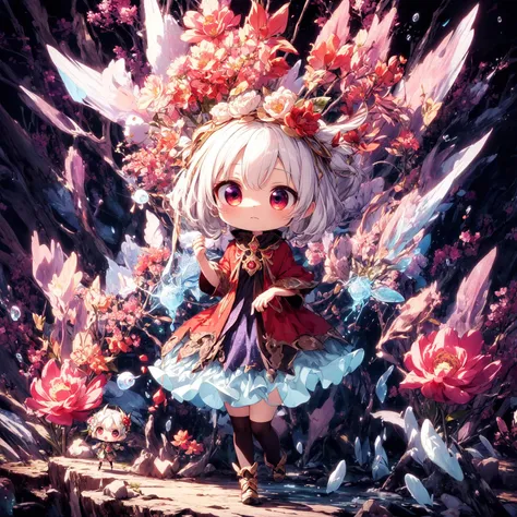 best quality, absurdres, [(mystical crystal forest background:1.5),::5], (high resolution, ultra detailed, absurdres:1.2), (stunningly beautiful:1.2),
cute, (chibi:1.3), (full body), (drooping eyes:1.3), extremely detailed ethereal fantasy costume, fuwafuwa, ethereal fantasy chibi,
glowing magical flower, surrounded by ethereal flower, enchanting and captivating presence, full body, transparent colors,