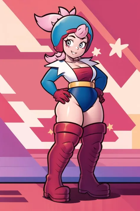 1girl, solo, janet, pink hair, ponytail, long hair, helmet, red gloves, blue leotard, star (symbol) , thigh boots , cleavage, belt, red footwear, shirt, long sleeves, ponytail, <lora:geoppa:0.8>, full body, medium breasts, thick thighs, standing, legs apart, hands on hips, smile, teeth, looking at viewer, white background, <lyco:Lyco-NakaueStyle-Mario-06:0.9>