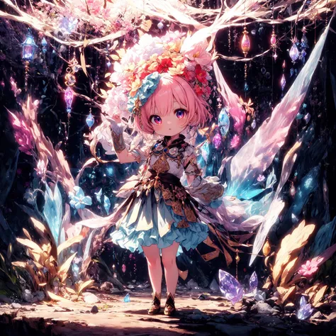 best quality, absurdres, [(mystical crystal forest background:1.5),::5], (high resolution, ultra detailed, absurdres:1.2), (stunningly beautiful:1.2),
cute, (chibi:1.3), (full body), (drooping eyes:1.3), extremely detailed ethereal fantasy costume, fuwafuwa, ethereal fantasy chibi,
glowing magical flower, surrounded by ethereal flower, enchanting and captivating presence, full body, transparent colors,