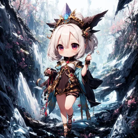 best quality, absurdres, [(mystical crystal forest background:1.5),::5], (high resolution, ultra detailed, absurdres:1.2), (stunningly beautiful:1.2),
cute, (chibi:1.3), (full body), (drooping eyes:1.3), extremely detailed ethereal fantasy costume, ethereal fantasy chibi, solo, 1 girl,
